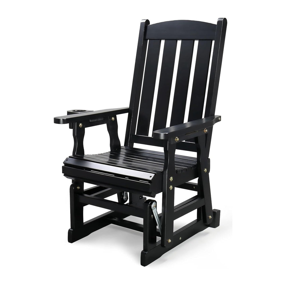VINGLI Outdoor Glider Chair Wood Patio Glider with Cup Holder, Porch Glider w...