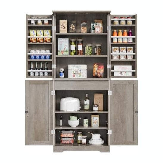Vongrasig Kitchen Pantry Storage Cabinet with Barn Doors, Drawer and Adjustab...