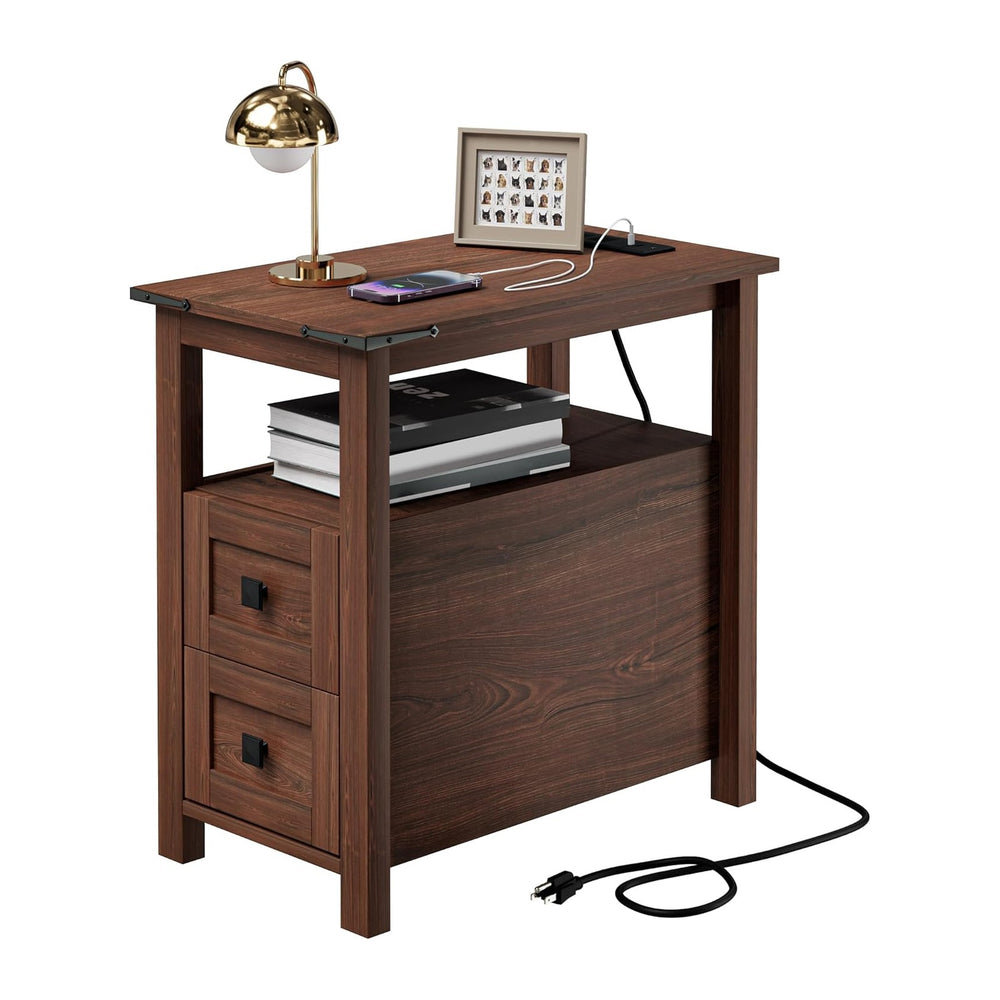 VVFLU Farmhouse End Table with Charging Station and 2 Storage Drawers, Cherry...