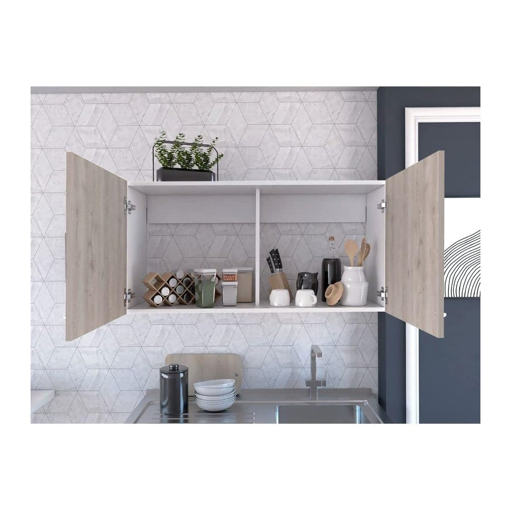White and Light Grey 2-Door Wall Cabinet, 2-Compartment Kitchen Storage &...