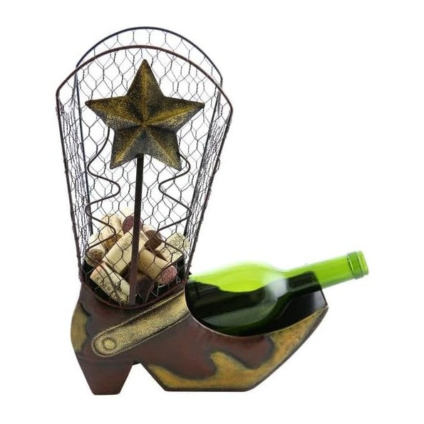 Wine Bottle Rack Holder in Metal with a Cowboy Boot and Cork Holder Fits Any ...