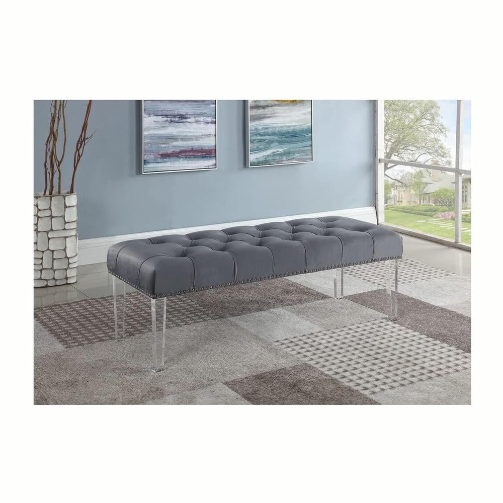 Yafelle 48” Velvet Upholstered Glam Bench with Button Tufted Seat, Silver Nai...