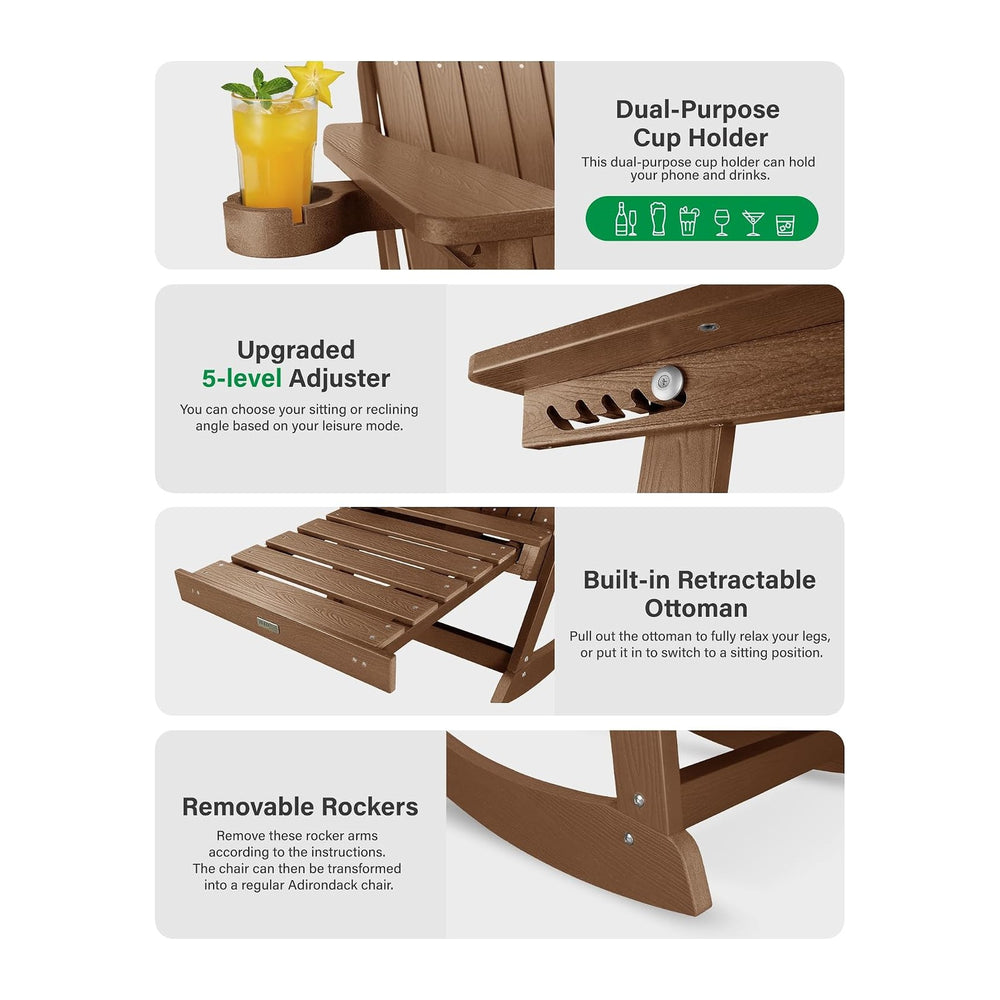 YEFU Adirondack Rocking Chairs, Adirondack Chair with Footrest, Teak | 5- Lev...