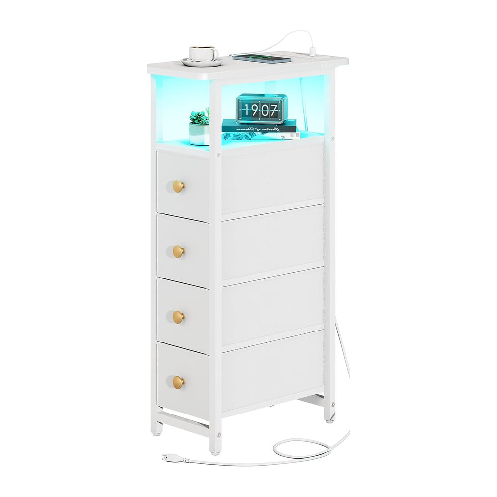Yoobure LED Narrow Nightstand with Charging Station - Slim Dresser for Bedroo...